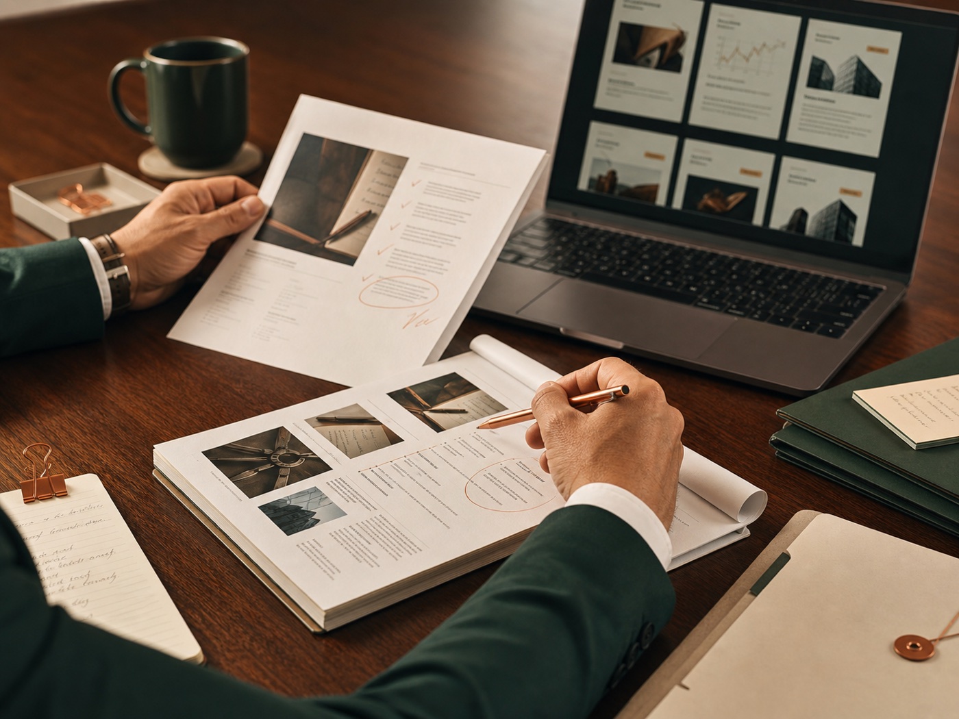 Printed review packet and approval notes beside a laptop dashboard